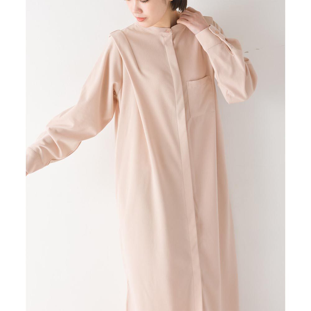 日本 OMNES - 法式簡約絲滑長版襯衫洋裝-粉膚