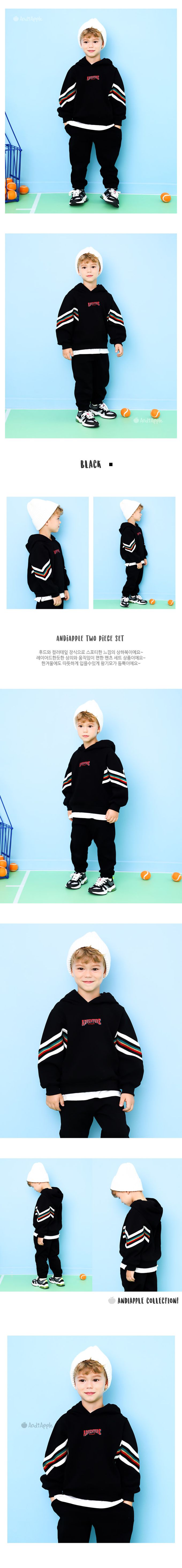 韓國 AndiApple - 冒險字印假兩件內刷毛連帽套裝-黑