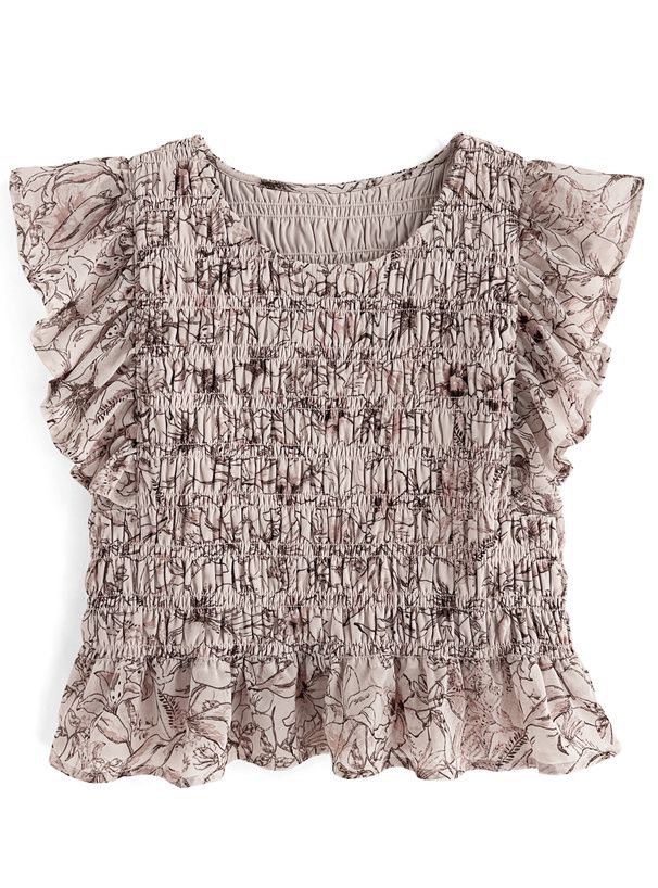 日本 GRL - 甜美碎花雪紡飛飛袖上衣-淺卡其 (F)