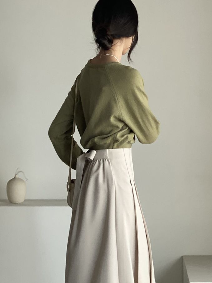 韓國女裝連線 - 淑女後鬆緊綁帶蝶結打褶中長裙-米 (FREE)