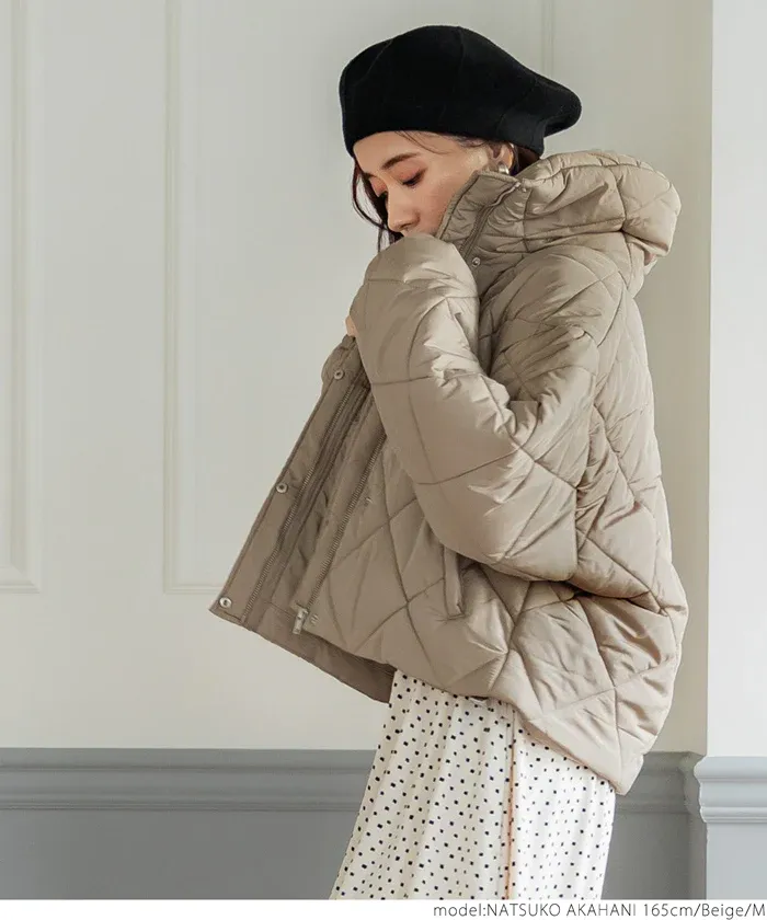 日本 COCA - 菱紋衍縫翻領鋪棉短版外套-氣質米