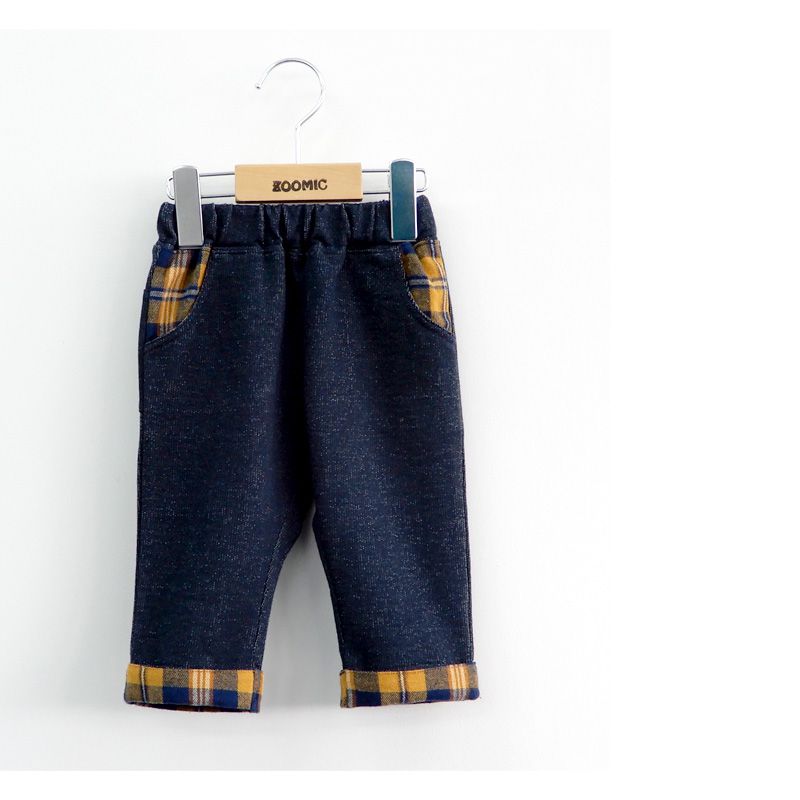 日本 ZOOLAND - 印花拼接七分褲-狗狗格紋-深藍