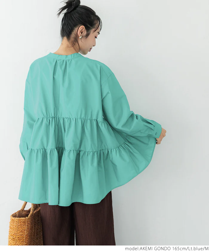 日本 COCA - 氣質蛋糕層次長袖上衣-經典黑