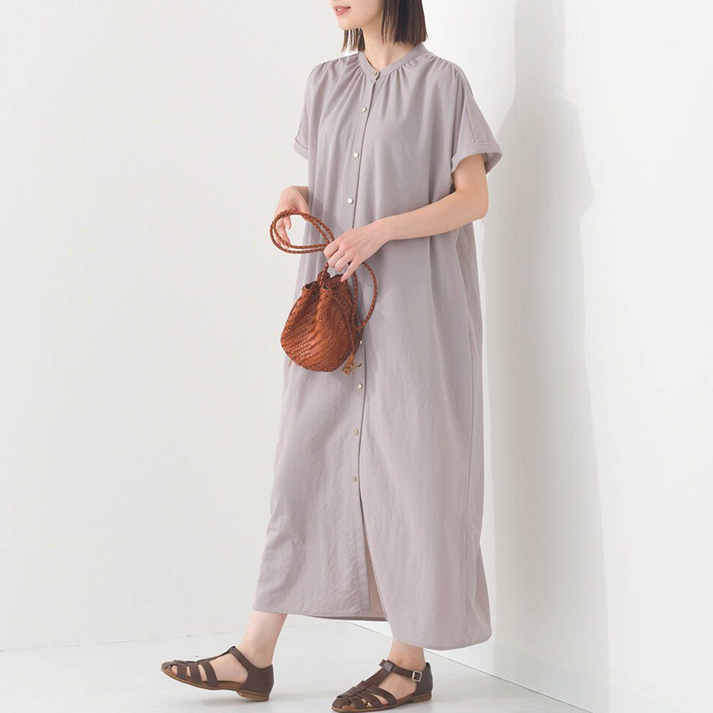 接觸涼感 氣質金釦襯衫式短袖洋裝-灰棕