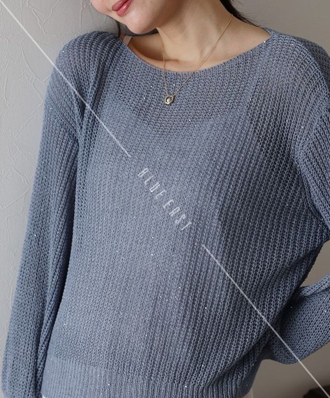 日本 BLUE EAST - 典雅船領閃爍亮片網眼針織上衣-粉紅