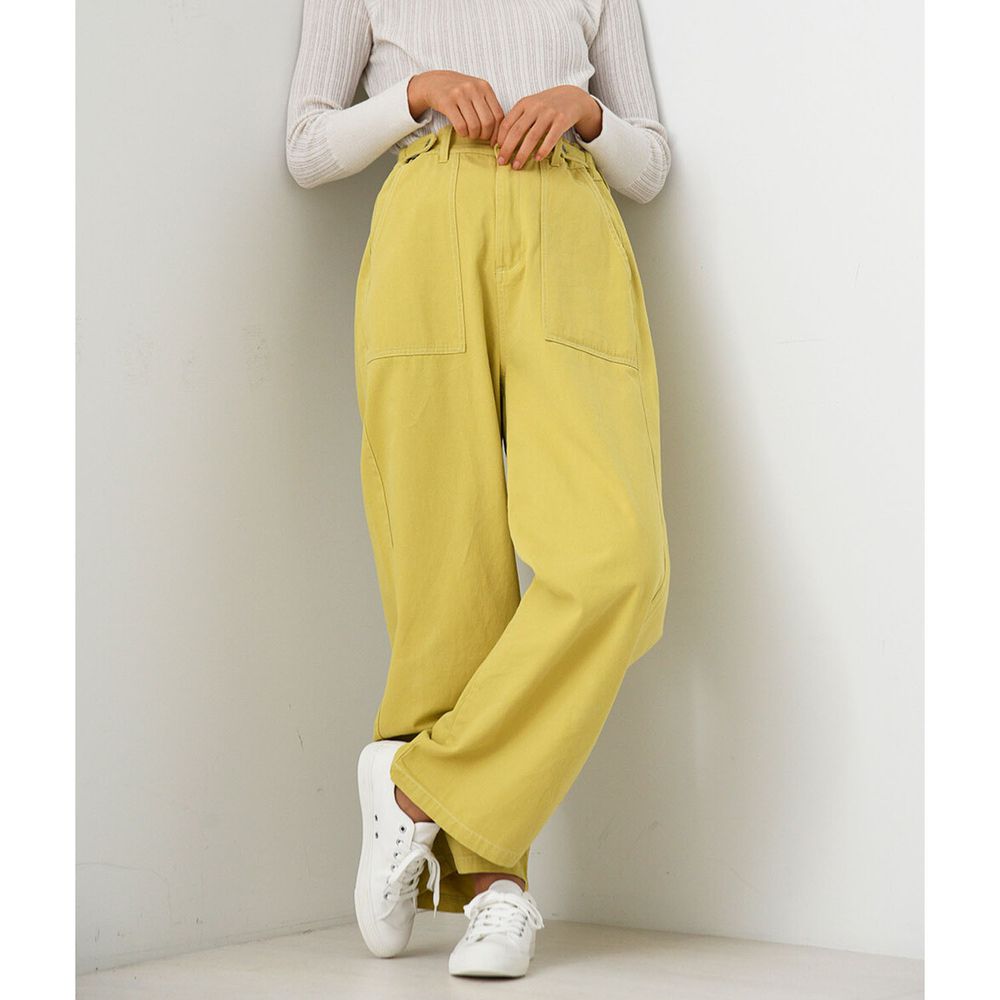 日本 Bou Jeloud - 配色線條柔軟純棉寬褲(可調腰圍)-黃