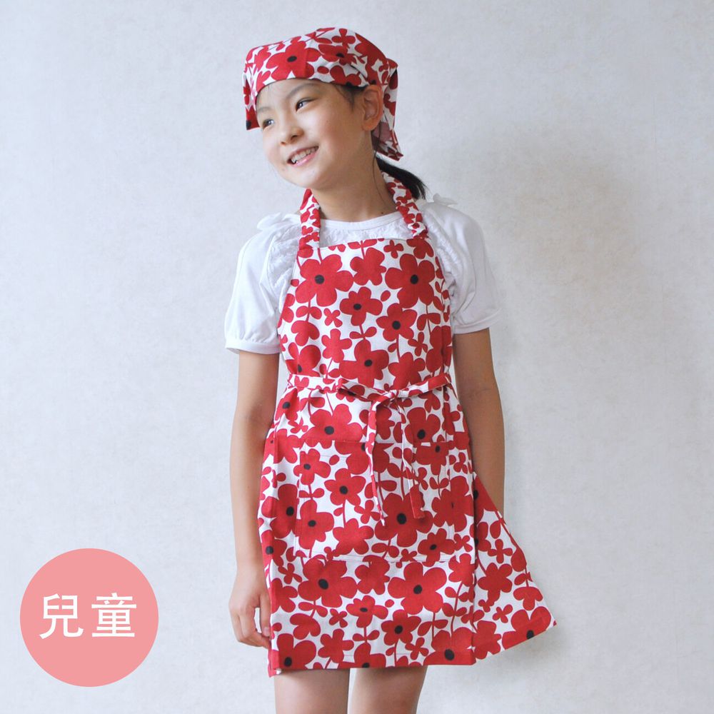 日本代購 - 印度棉兒童料理圍裙+頭巾兩件組-綻放花園-紅 (100cm~)