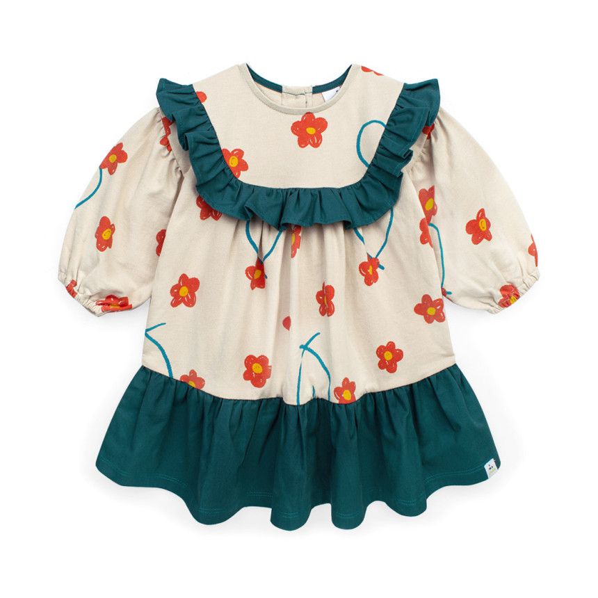 韓國Pimpollo - 微笑花朵荷葉邊洋裝-橘