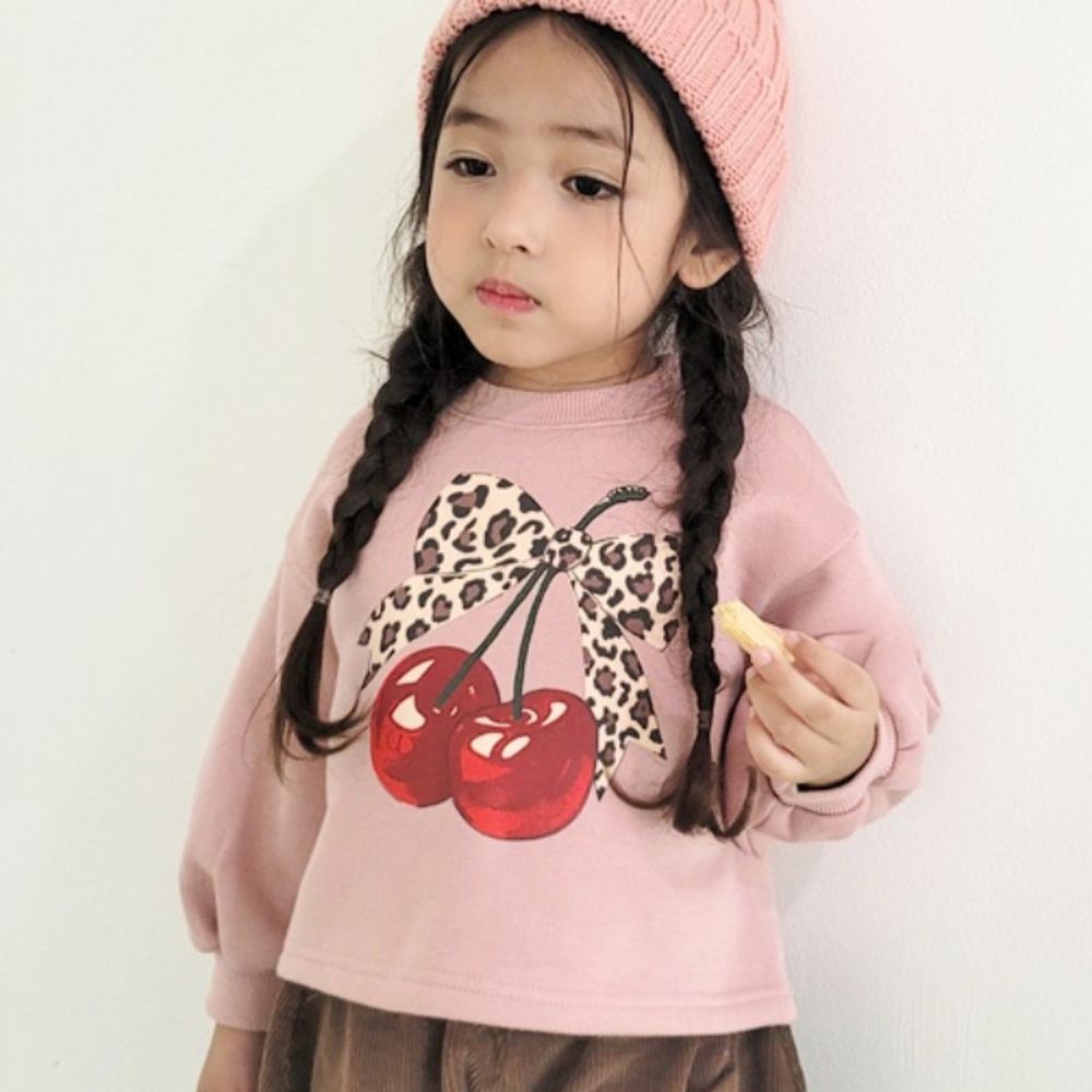 Peanuts House (內磨毛)豹紋櫻桃長袖上衣-淺粉