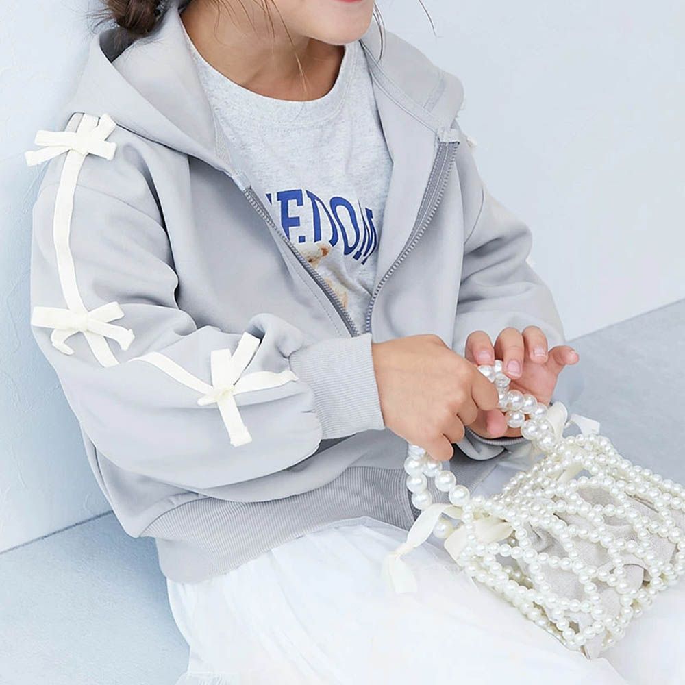 甜美蝴蝶結落肩連帽外套-銀灰