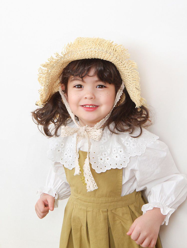 韓國 Babyblee - 鬚邊蕾絲大草帽-玫瑰粉 (頭圍：51-53cm)