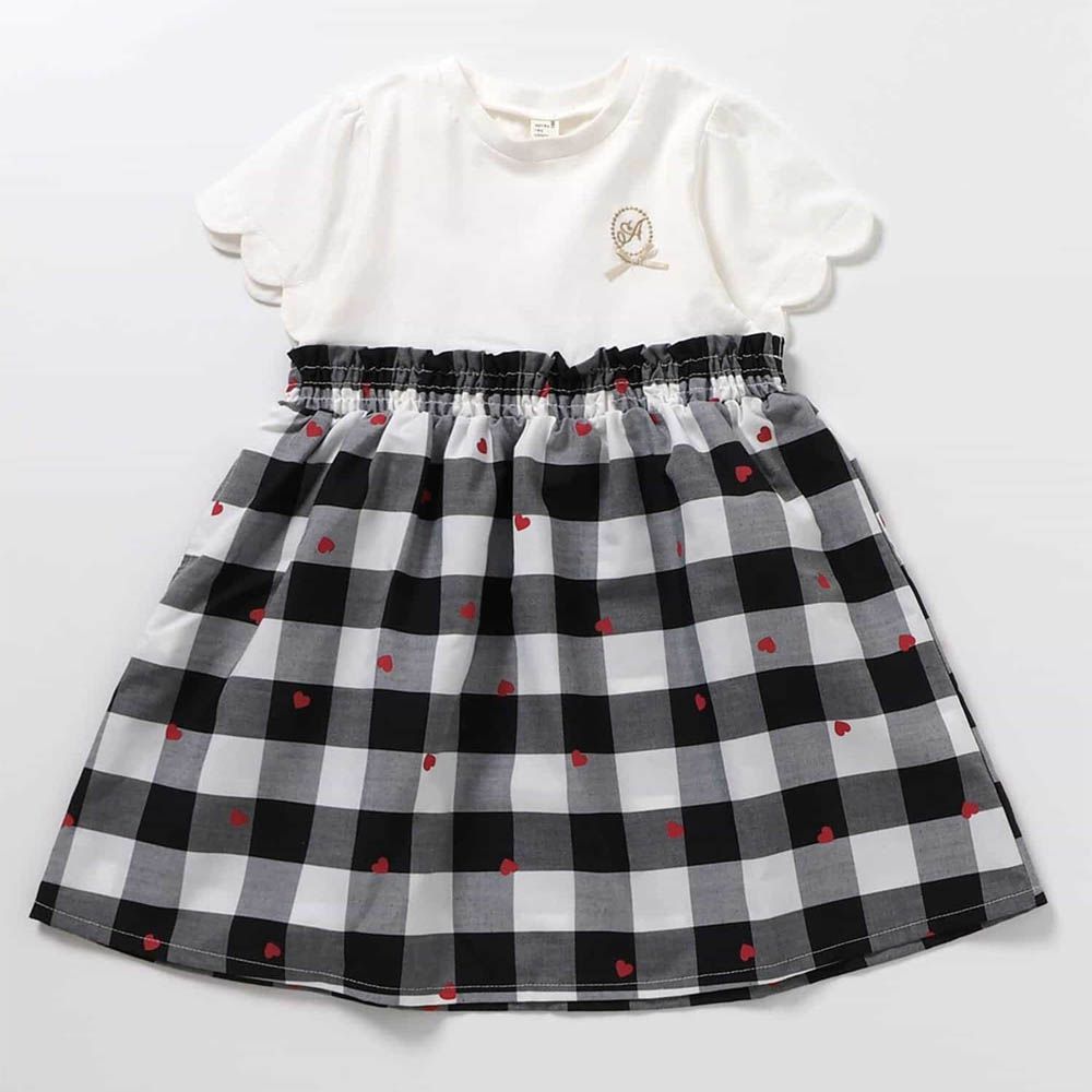 可愛貝殼袖印花短袖洋裝-格紋-黑x白