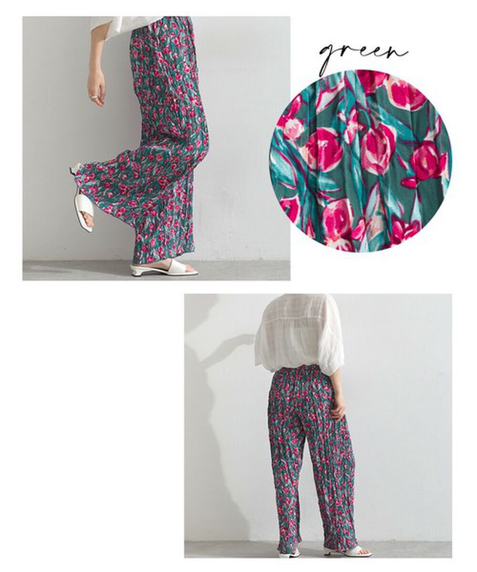 日本 le colis - 華麗藝文花卉飄逸感皺褶寬褲-藍紫系