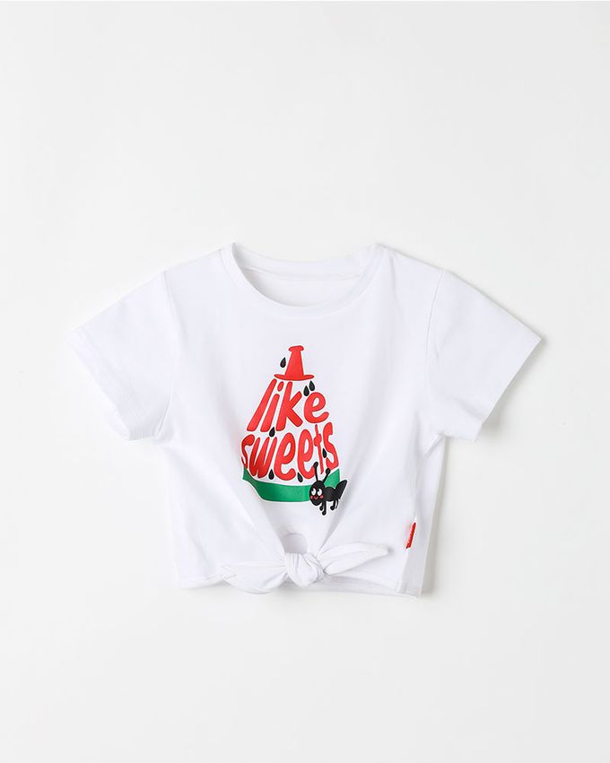 韓國 OZKIZ - 螞蟻吃西瓜印綁帶短袖上衣-白