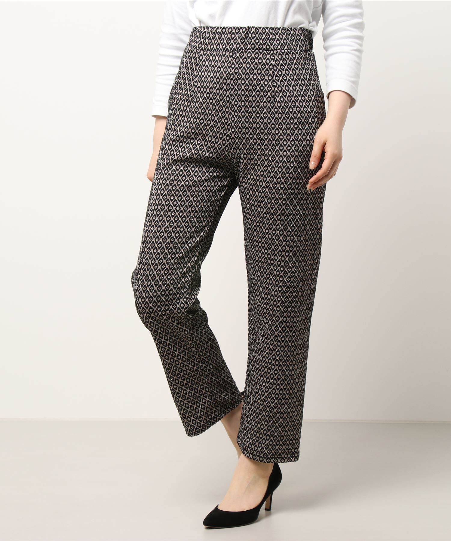 日本 ELENCARE DUE - 滿版幾何綁帶寬褲-米