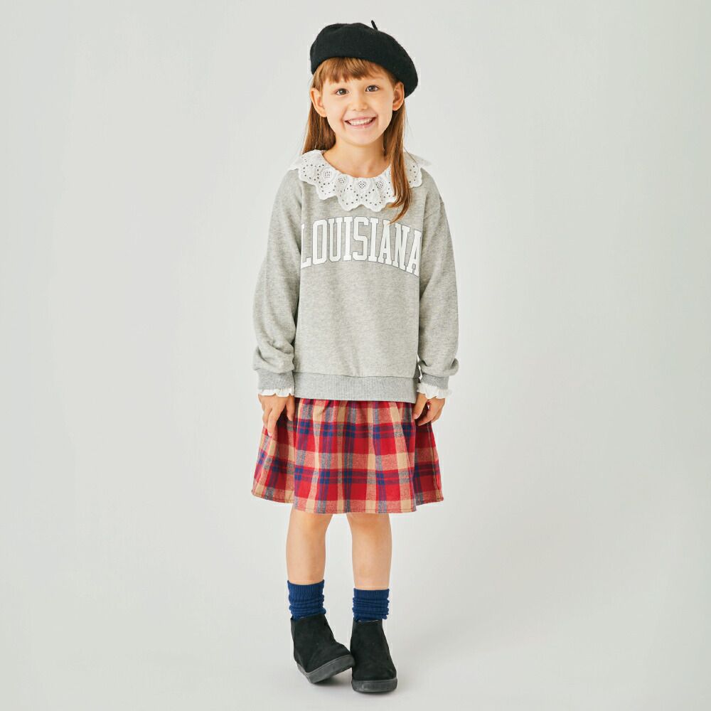 日本 evercloset - 大學風格子拼接長袖洋裝-粉紅x棕格紋