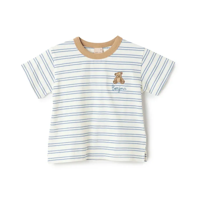 日本 petit main - 100%棉 可愛百搭短袖上衣-胸前海豚-黃綠