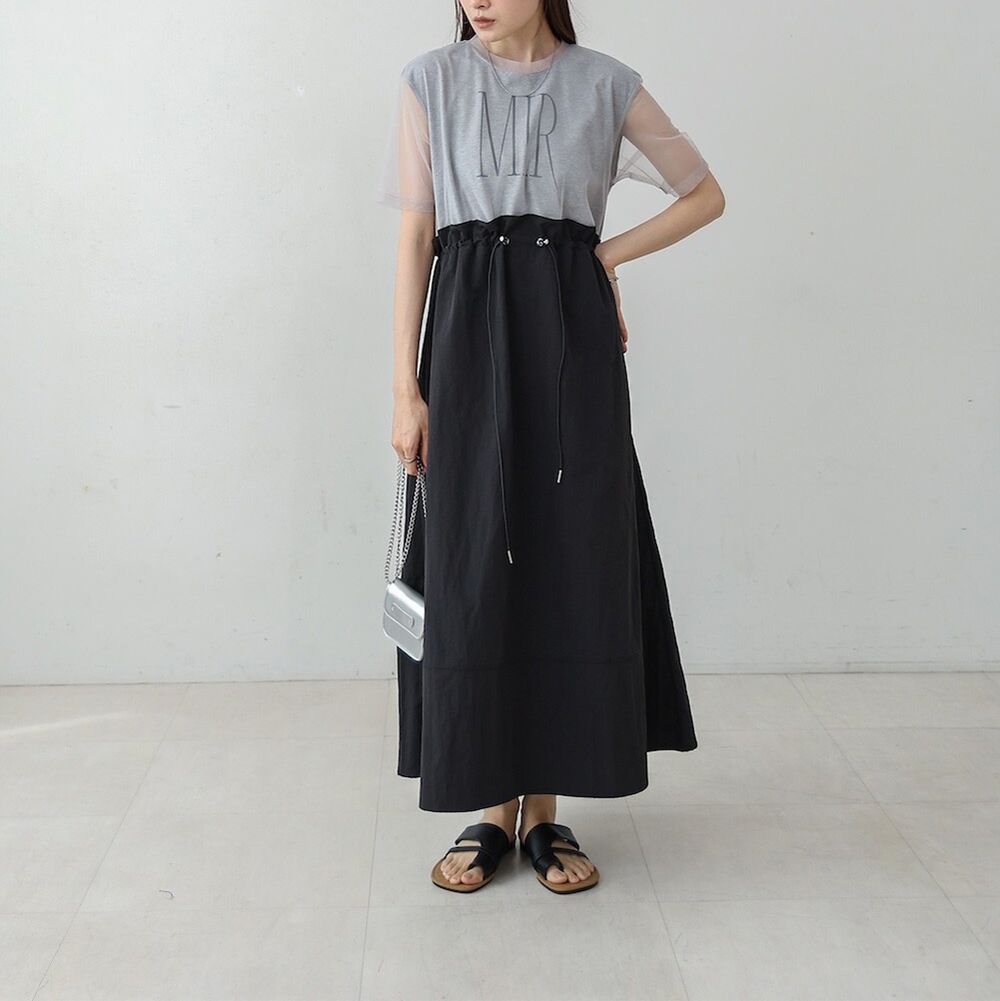 拼接層次感抽繩薄紗短袖洋裝-灰x黑