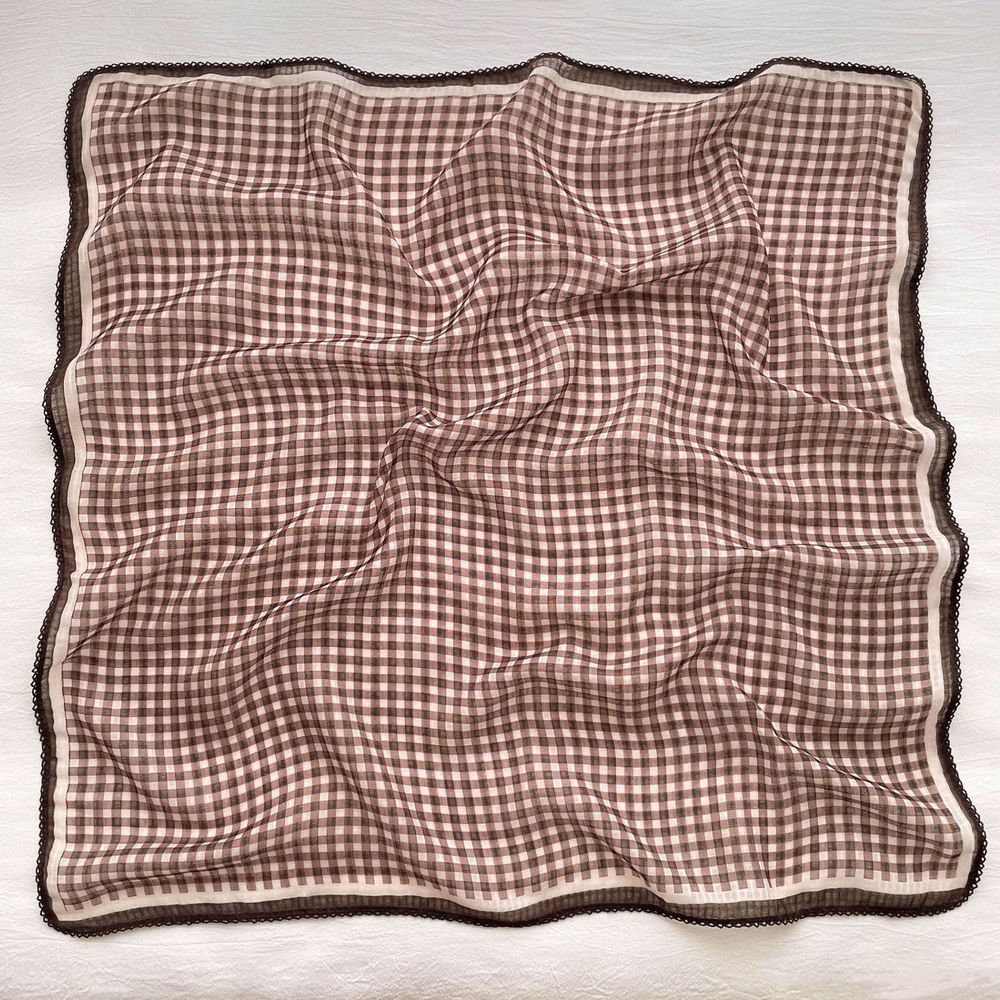 法式棉麻披肩方巾-經典格紋-紅棕色 (90x90cm)