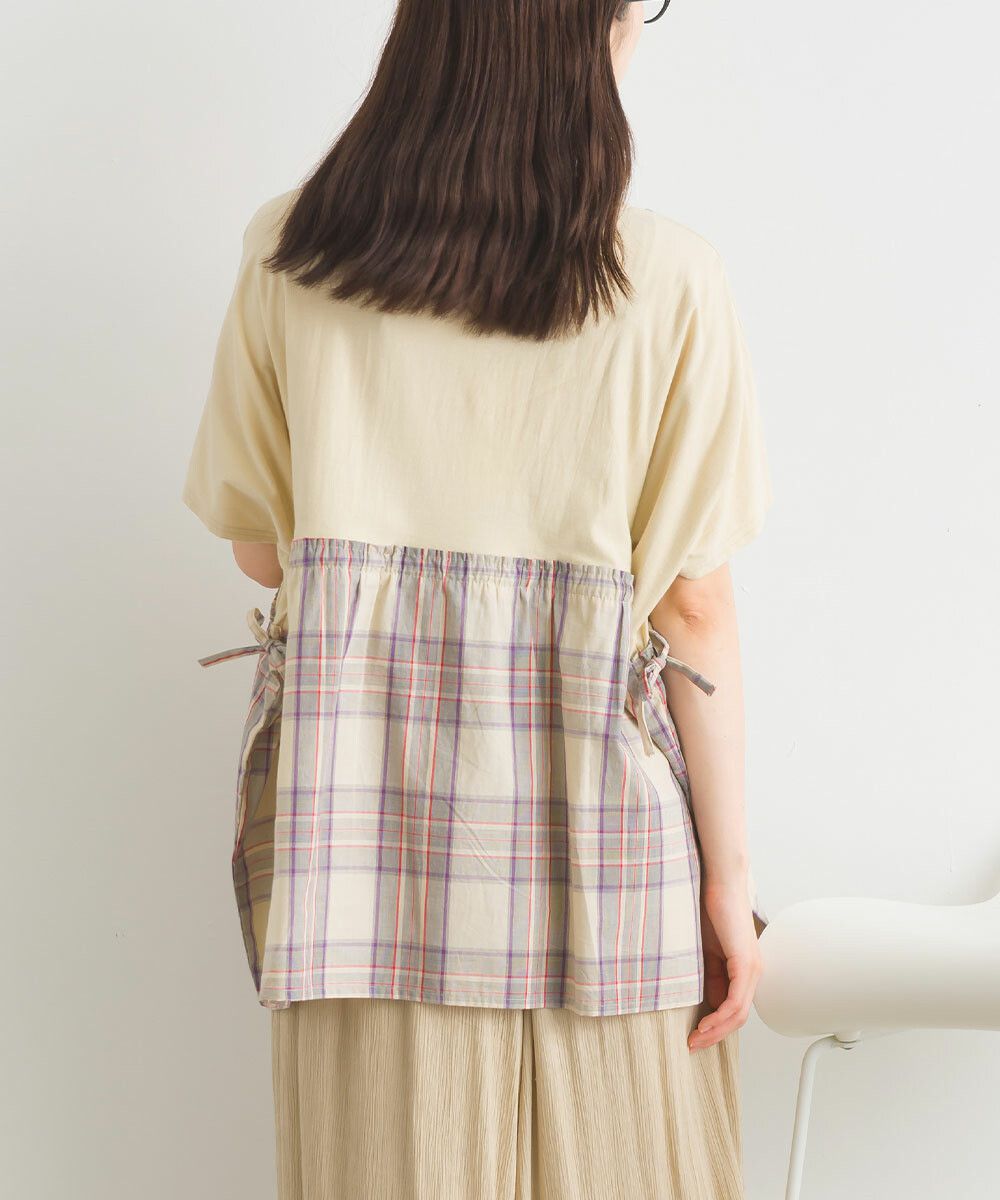 日本女裝代購 - 清新側綁帶拼接短袖上衣-卡其格紋