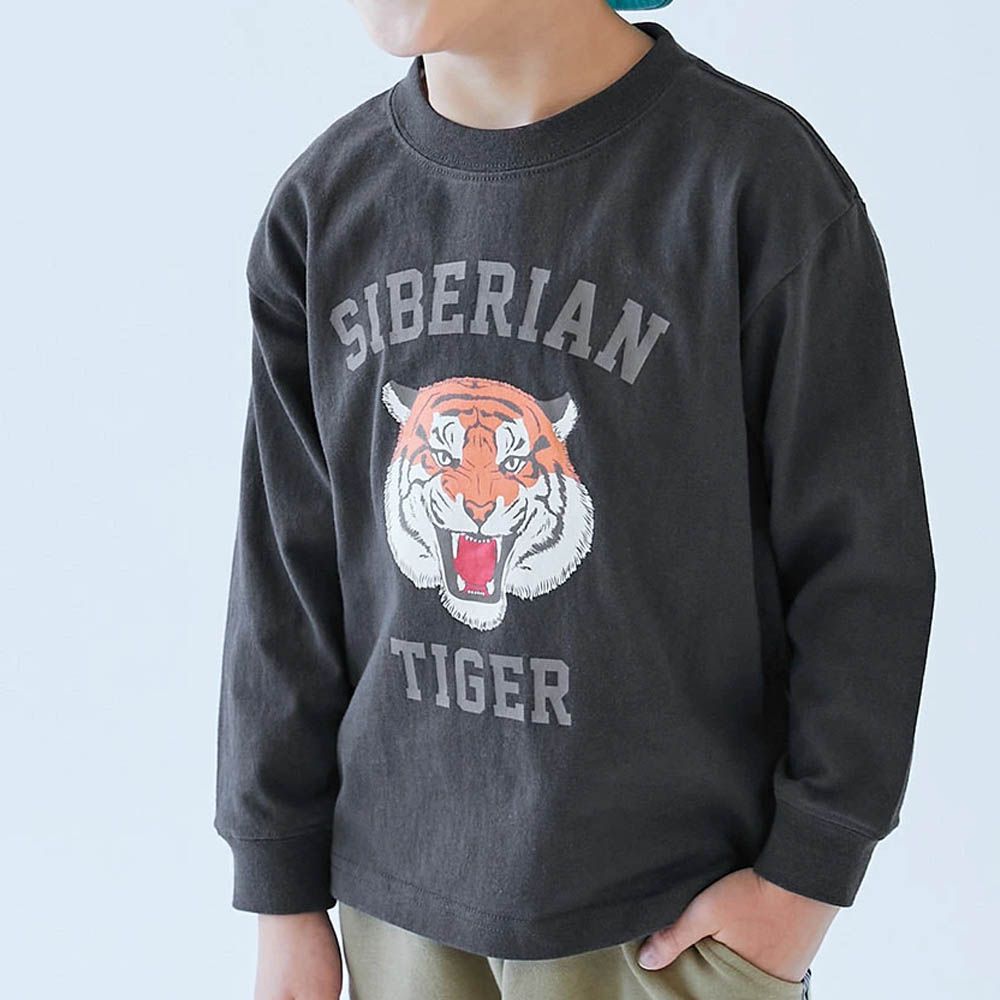 100%棉 定番印花長袖上衣-老虎-黑