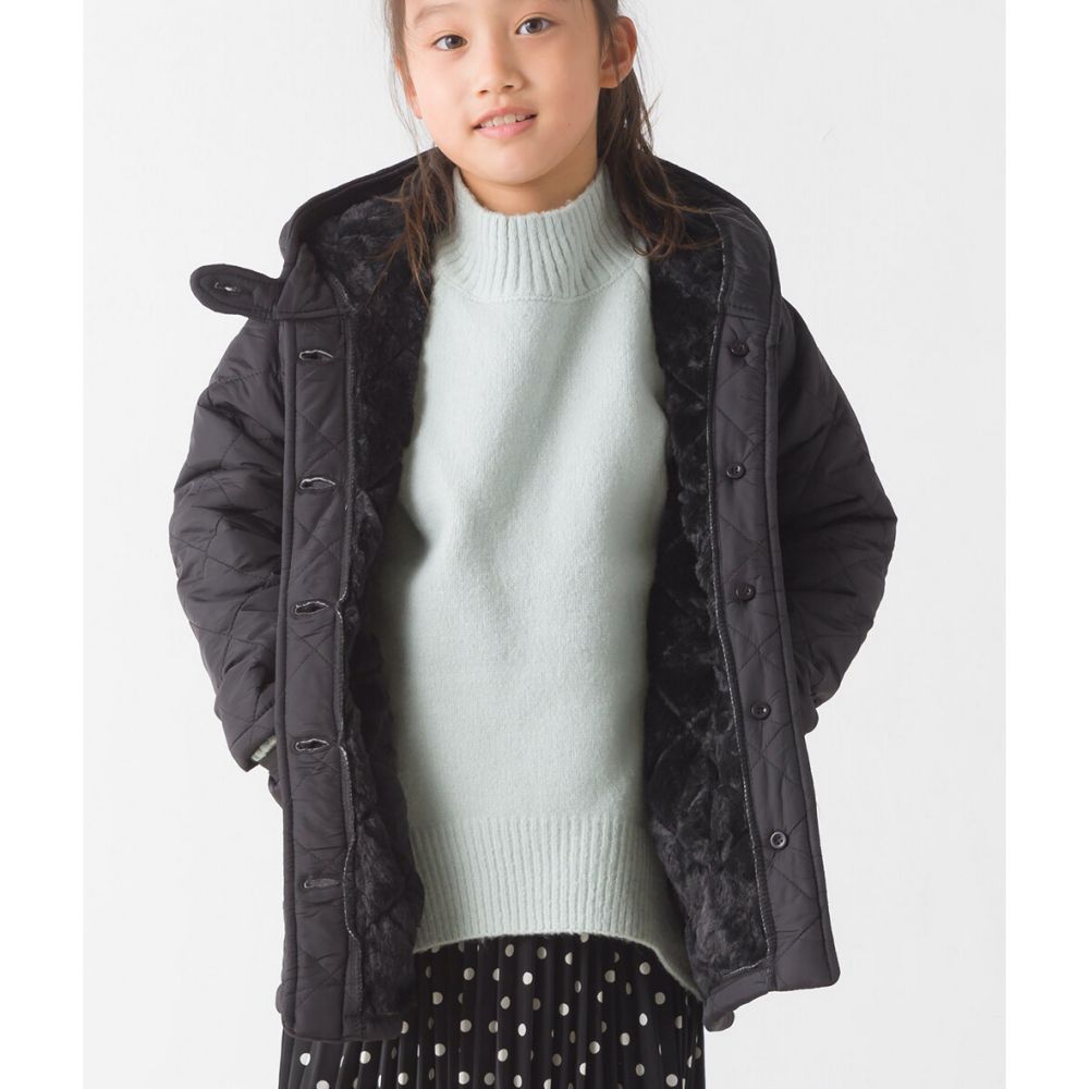 日本 OMNES - 絎縫厚刷毛保暖連帽外套(兒童)-簡約黑