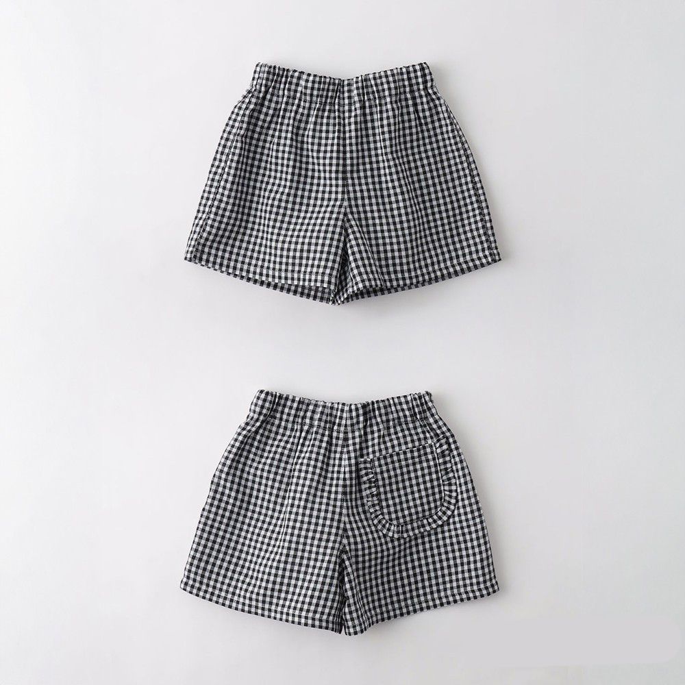 清爽可愛摺邊後口袋短褲-小格子-黑白
