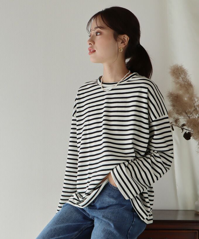 日本 BLUE EAST - 百搭落肩休閒長袖上衣-條紋-軍綠