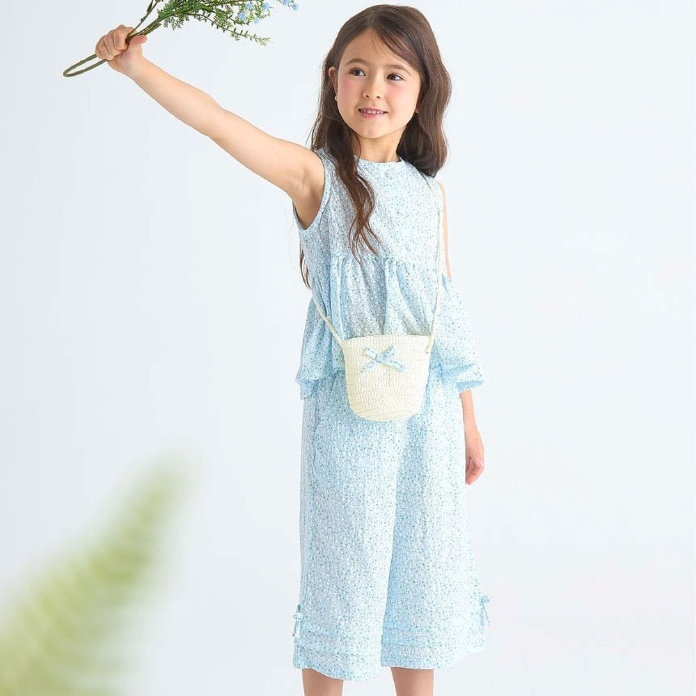 (附包包)清爽小花鈕釦背心X寬褲套裝-淺藍