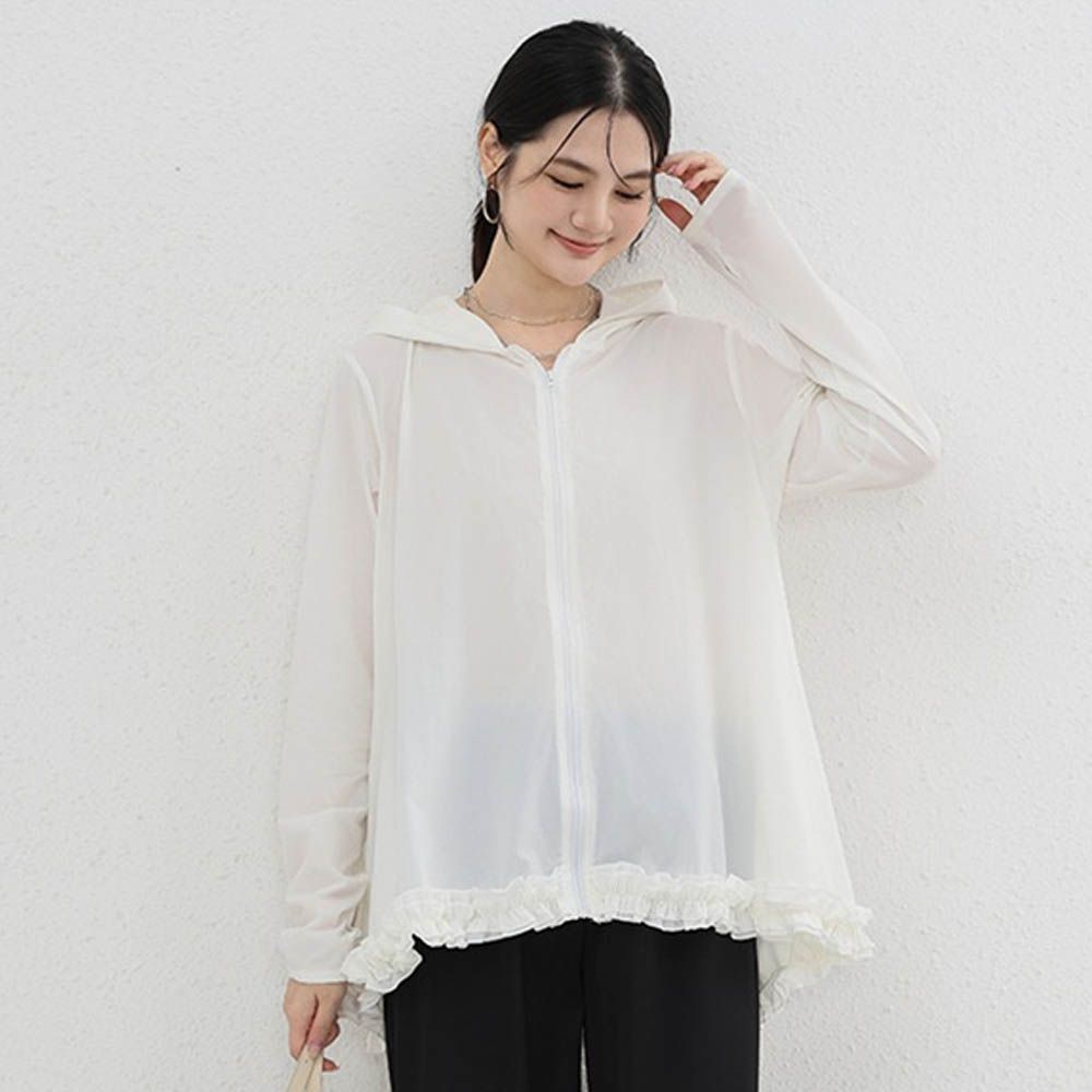 設計感前短後長連帽防曬外套-荷葉邊-米白色