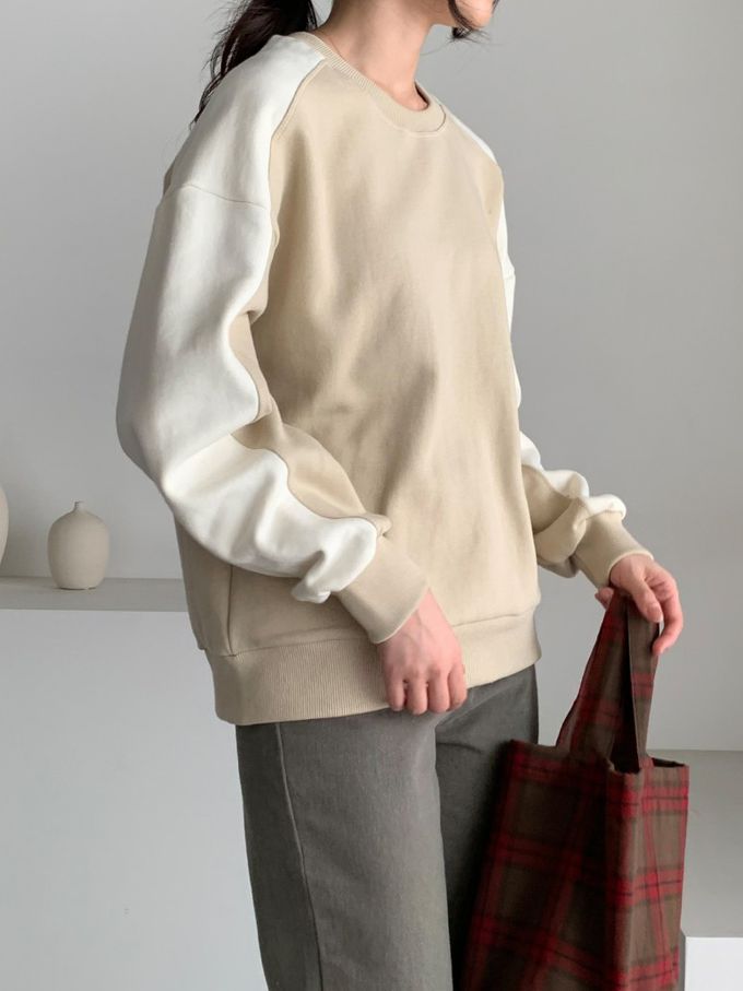 韓國女裝連線 - 撞色設計內磨毛大學T-卡其X米白 (FREE)