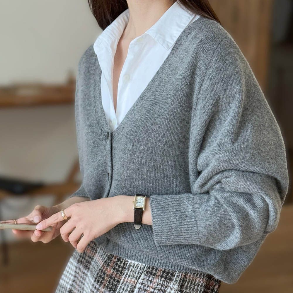 輕柔美麗諾羊毛V領針織外套-灰 (FREE)