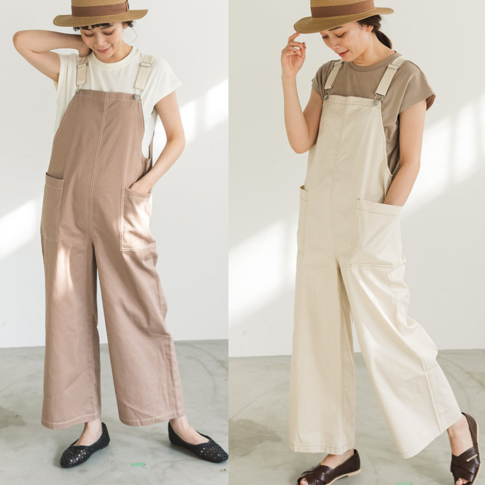 日本 PAIRMANON - 撞色大口袋吊帶褲(媽媽)-墨綠 (FREE)