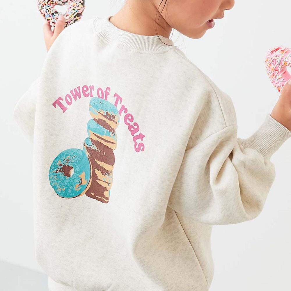 裏起毛女孩印花大學T-甜甜圈-燕麥白