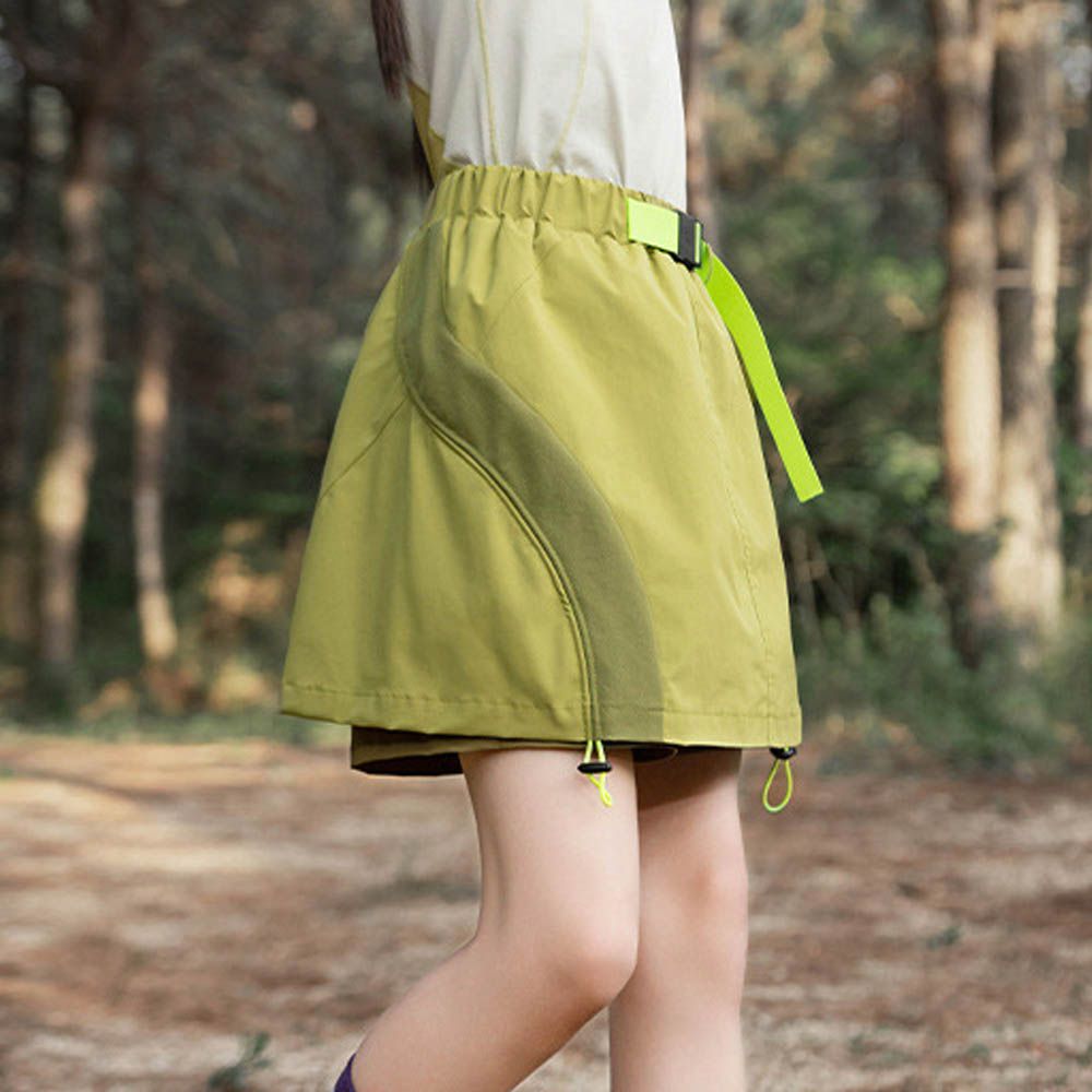 透氣吸濕速乾側抓皺工裝裙褲-拼色線條-黃綠