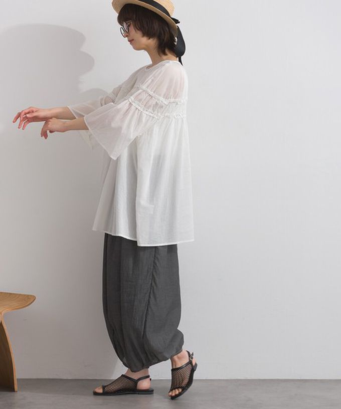 日本 Lupilien - 100%棉 輕盈感皺摺廓形五分袖上衣-黑