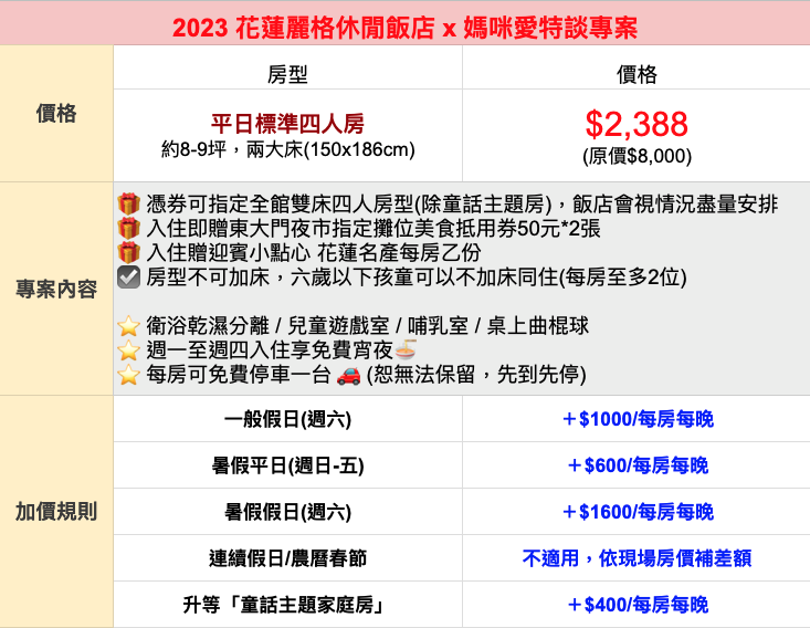 贈夜市券【花蓮麗格休閒飯店】四人含早