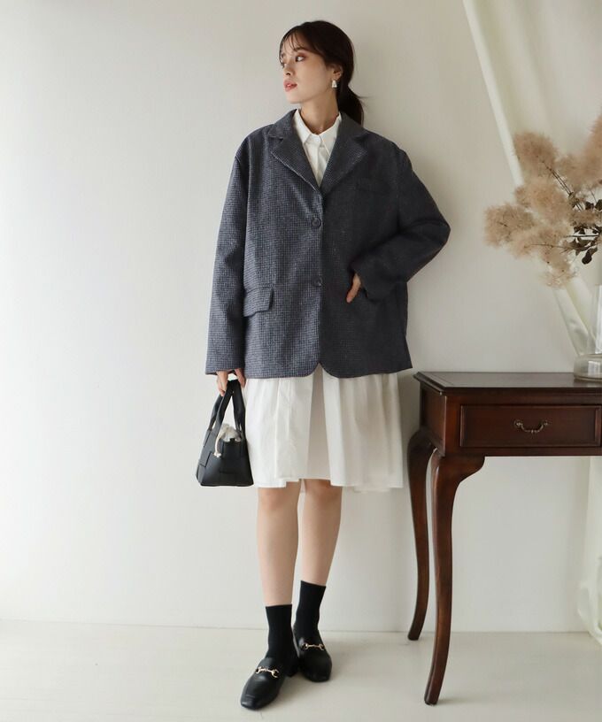 日本 BLUE EAST - 千鳥格帥氣西裝短版風衣外套(附綁帶)-深灰