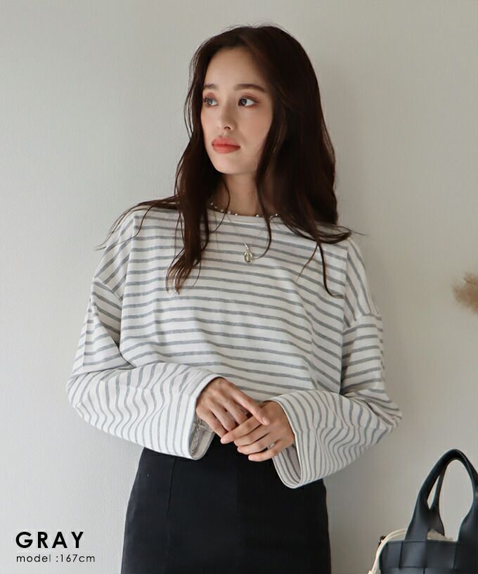 日本 BLUE EAST - 百搭落肩休閒長袖上衣-條紋-軍綠