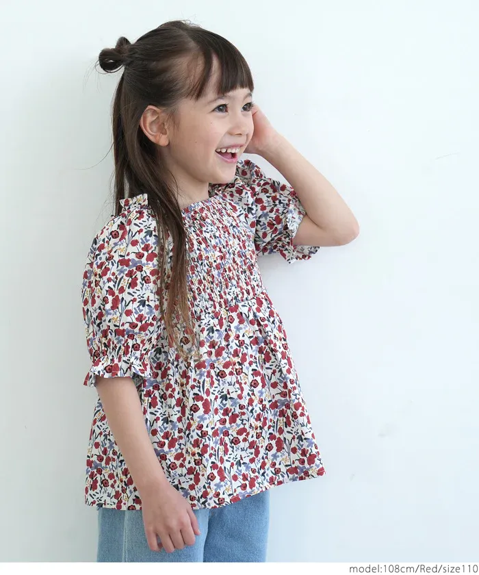 日本 COCA - 歐風碎花泡泡短袖上衣-孩子-洋紅