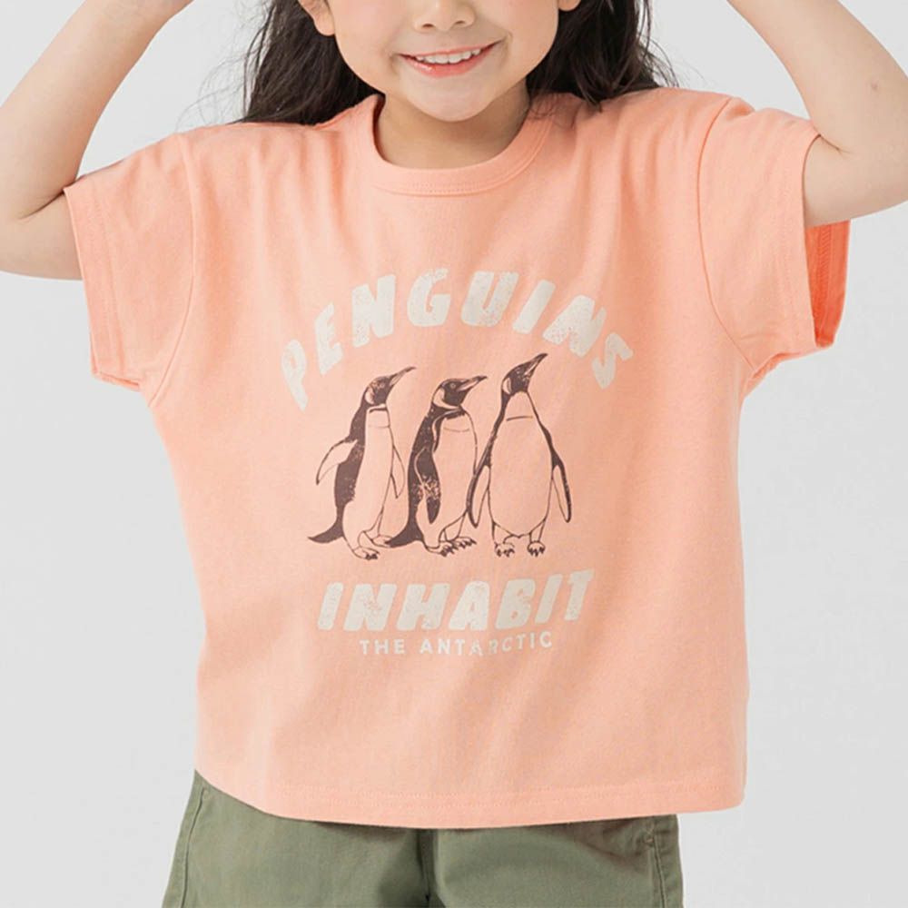 100%棉 印花柔軟短袖上衣-企鵝-亮橘