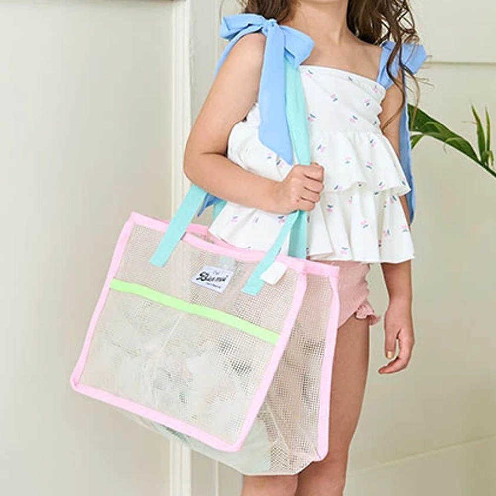 粉嫩配色網格玩水包/游泳包-粉紅x水藍 (26.5x35x20.5cm)