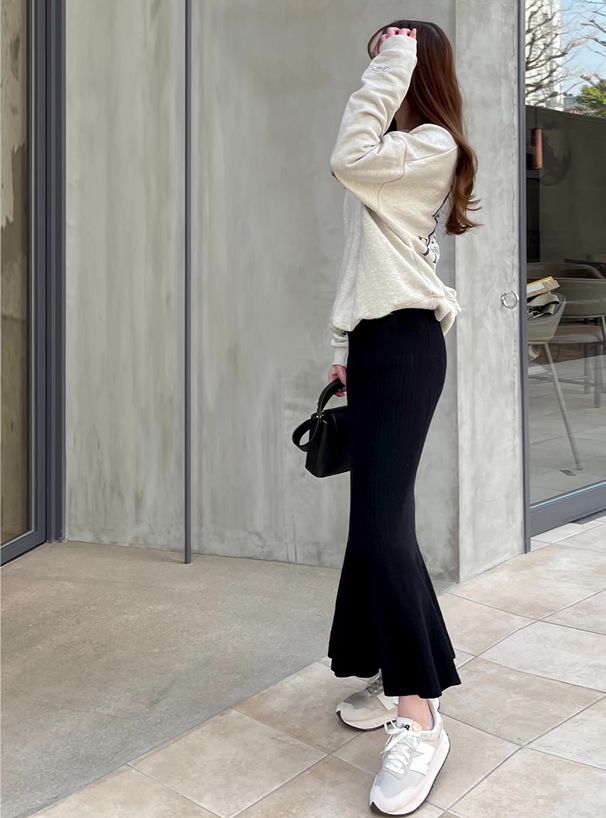 日本 GRL - 針織修身高腰魚尾裙-罌粟粉