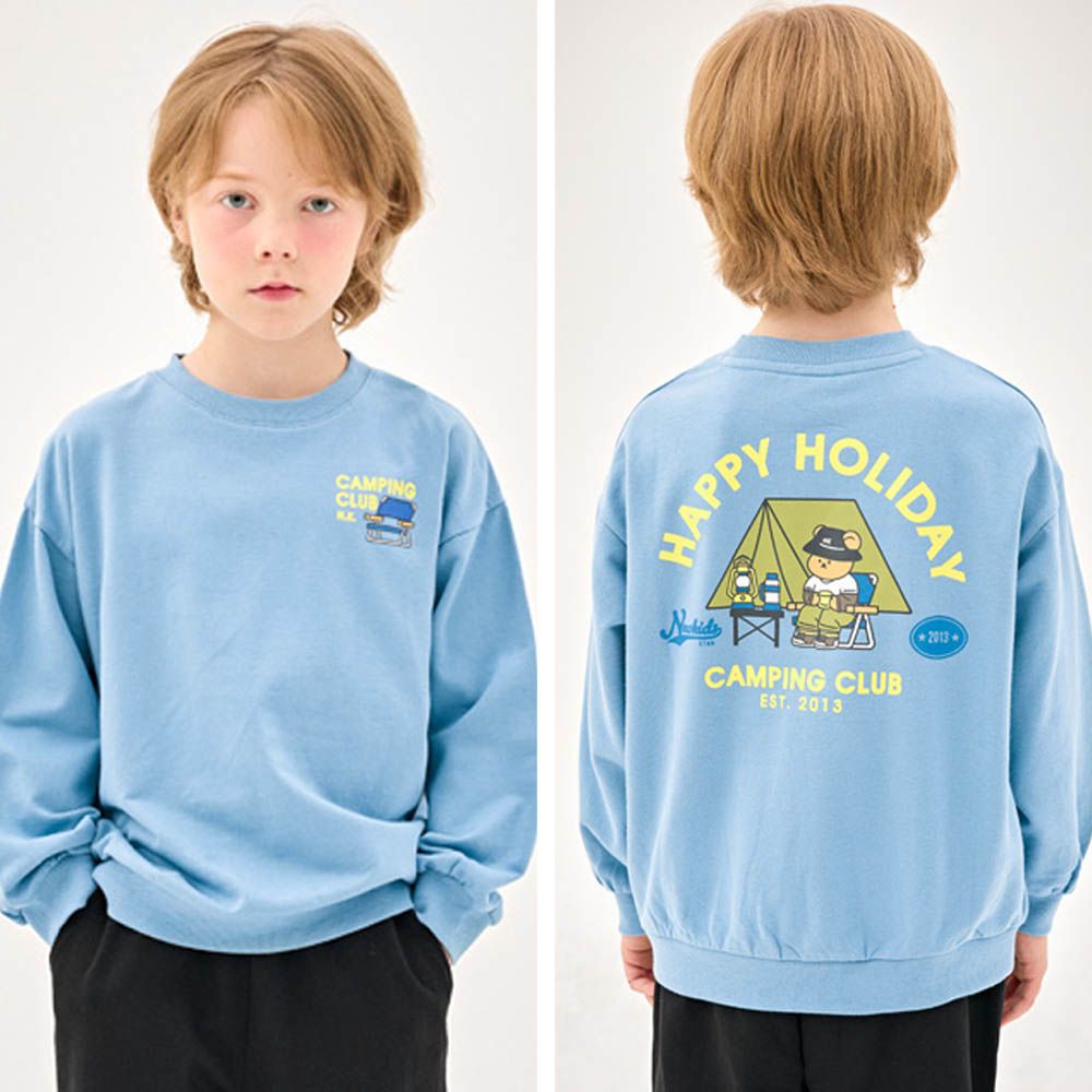 露營熊熊長袖大學T-天藍