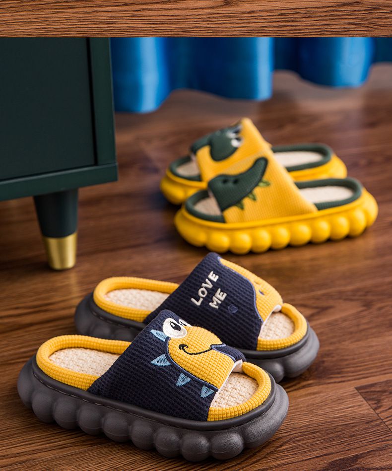 兒童室內厚底雅麻拖鞋-大眼睛恐龍-橘色