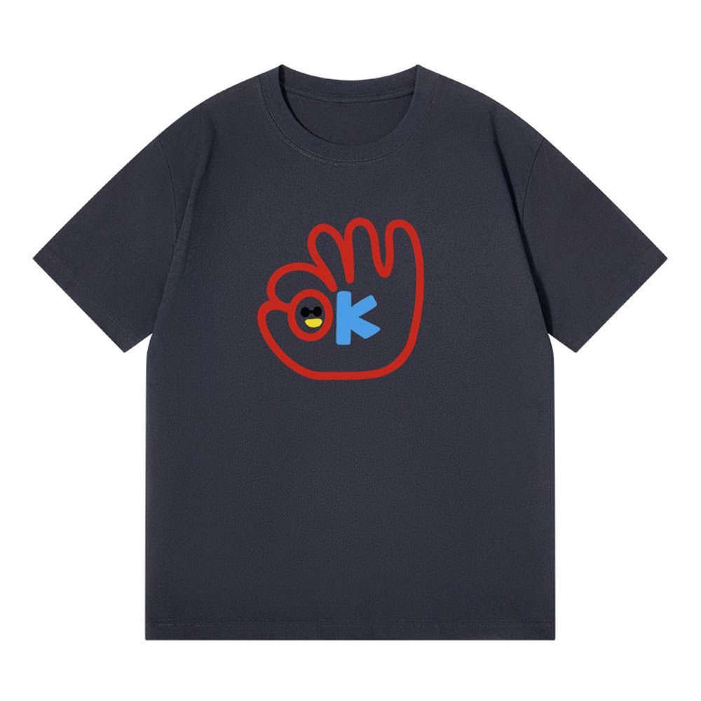 純棉寬版印花T恤-樂趣OK-深灰