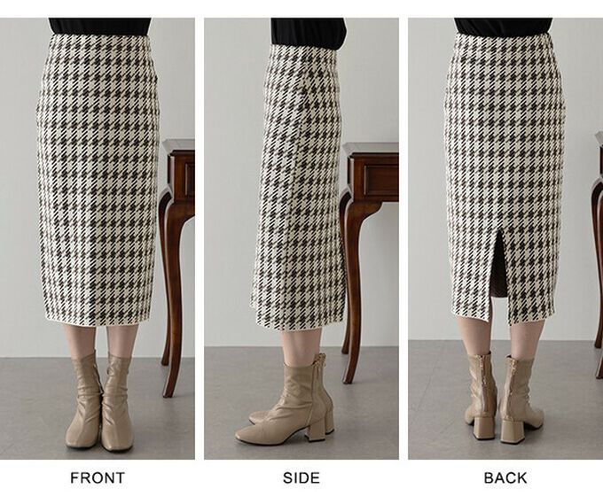 日本 BLUE EAST - 氣質千鳥格針織開叉合身長裙-灰白