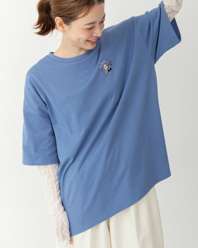 日本 gleam - 俏皮露營幽靈印花寬大風短袖T恤-煙燻藍