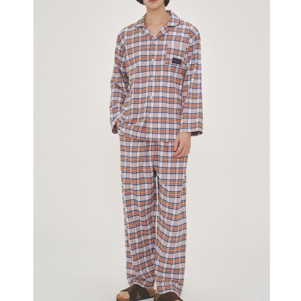 (爸爸)保暖磨毛翻領長袖睡衣套裝-格紋-橘X深藍