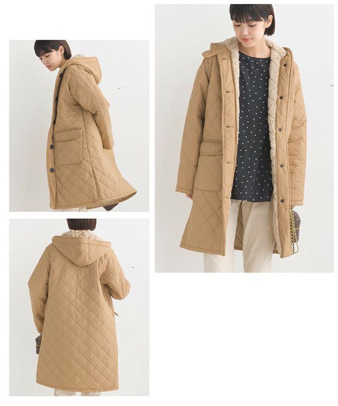 日本 OMNES - 厚刷毛衍縫鋪棉長版連帽保暖外套-杏 (M)